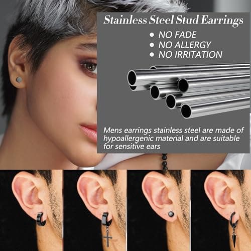 JeweBella 15Paires Boucles d'Oreilles Homme Acier Inoxydable Boucles d'Oreilles Créoles Boucles d'Oreilles Pendantes Croix Piercing Cartilage Boucles d'Oreilles Noires/Argent pour Hommes Femmes
