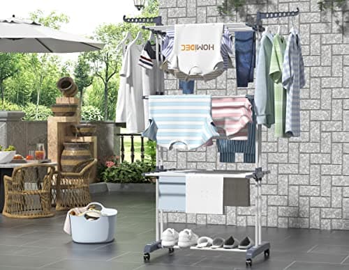 HOMIDEC Etendoir Linge, 4 Niveaux Grande Sechoir a Linge Pliable avec Roues, Acier Inoxydable Seche Linge Etendoir pour Intérieur et Extérieur, Gris