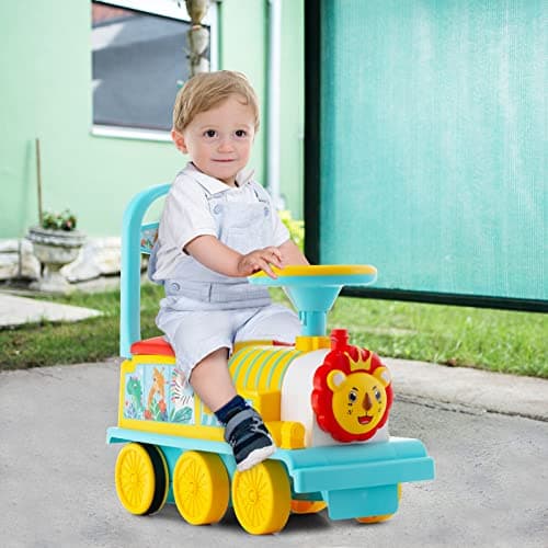 DREAMADE Train de Porteur Bébé Électrique avec 16 Pistes, Voiture à Pousser avec Lumières et Sons,Espace caché sous Le Siège, Cadeau de 3 Ans + (Bleu)