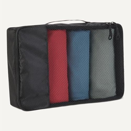 Amazon Essentials Ensemble de 4 Cubes de Rangement, Organisateurs de Voyage, Double Fermeture Éclair, Dessus en Maille, 100% Polyester, Tailles S/M/L et Format Fin, Noir (Anciennement Amazon Basics)