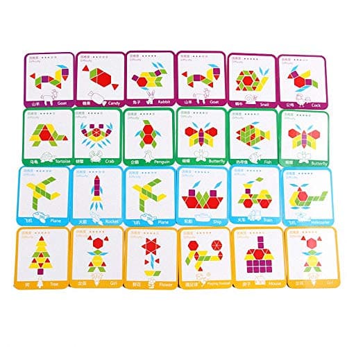 EACHHAHA Puzzle en Bois-Tangram-Jouets Montessori-Jouets éducatifs classiques-155 Formes géométriques et 24 Cartes de Conception pour Enfants adaptées aux Enfants de 3 4 5 6 7 Ans