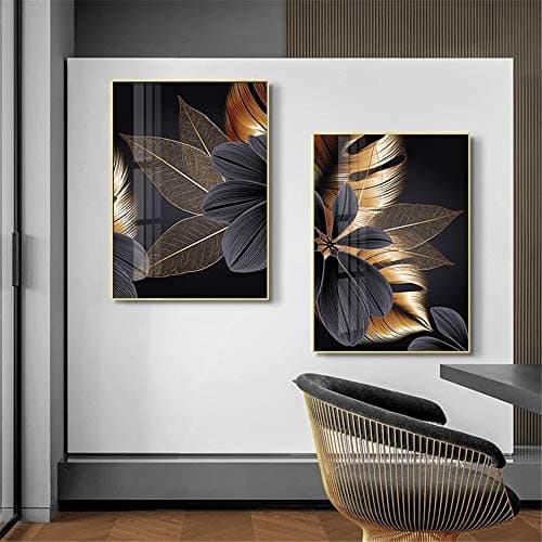 OYFFL Noir Feuille d'or Toile Peinture Plante Affiche Impression Moderne décor à la Maison Abstrait Mur Art Peinture Nordique Salon décoration Photo (3,20 * 30cm sans Cadre)
