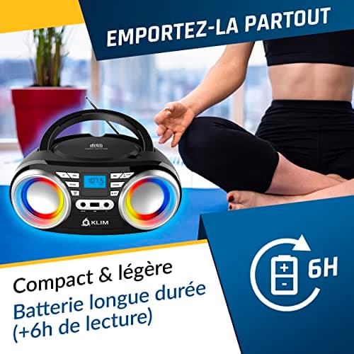 KLIM Boombox B3 - Poste Radio CD Portable - Nouveauté 2024 - Radio FM, CD, Bluetooth, USB, MP3 - CD Boombox - Mode Filaire et sans Fil avec Piles Rechargeables - Lentille Laser - Lecteur CD Portable