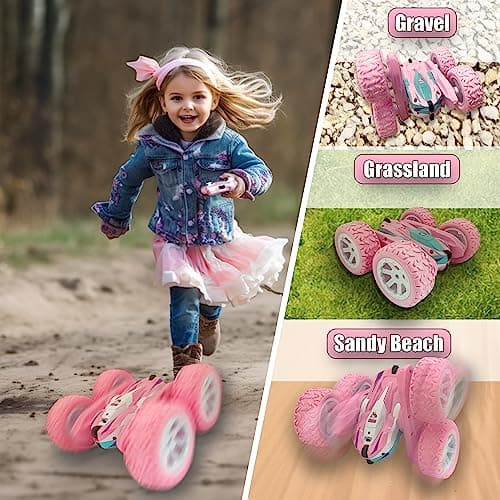 OYAKG Voiture Télécommandée,4WD Licorne Rose Voiture Telecommandé Enfant Fille 3 4 5 6 7 8 9 10 Ans Aves Radiocommandée et 2 Piles,Voiture RC 360° Flip Rotatif et Lumière,Jouet Cadeau Fille 3-12 Ans
