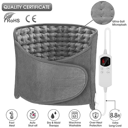 Coussin Chauffant, Arlierss Coussin Chauffant Electrique avec Ceintures, 6 Niveaux de Température 4 Réglage de L'heure, Ceinture Chauffante Lombaire pour Genoux,Cou,Pieds et Hanches Gris