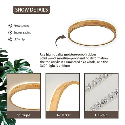 WayLuoung Plafonnier LED En Bois | Ø30cm 3000K 1620Lm 18W | Plafonnier Rond En Bois Naturel À 360°, Chambre À Coucher, Salon, Chambre D'Enfant, Cuisine, Salle À Manger, Maison, Bureau (Blanc Chaud)