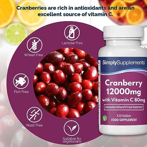 Canneberge 12000mg et Vitamine C 80mg | 120 Comprimés | Adapté aux Végétaliens | Jusqu’à 2 mois de Bienfaits| SimplySupplements
