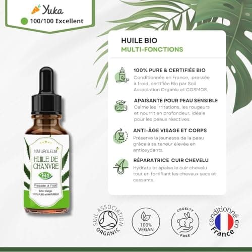 HUILE DE CHANVRE 100% BIO NATUROLEUM, pressée à froid, Pure et Naturelle - Extra Vierge - Soin nourrissant pour Cheveux et Peau (100 ml)