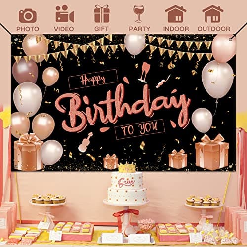 KOLIPHY Decoration Anniversaire, Noir Rose Banderole Joyeux Anniversaire Fête Deco Pour Hommes Femmes, Anniversaire Photographie Fond Bannière