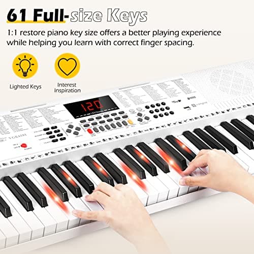 Vangoa Clavier électronique 61 Lumineuses Touches avec Support de Clavier de Piano, Microphone, 600 Timbres, 400 Rythmes, 30 Démos, Blanc