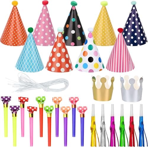 PANSYFEN 27pcs Chapeau Anniversaire Chapeaux de Fête Kit, Party Cône Chapeaux Chapeau de Couronne et Sifflet Colorées pour La Fête D'anniversaire de Fête de Garçon Fille