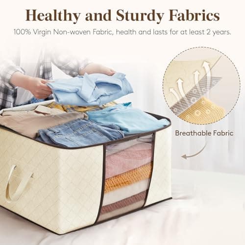 Lifewit Lot de 6 Sac Rangement Vetement 60L, Boite Rangement Déménagement Bac de Rangement pour Vêtements, Couvertures, Couettes, Caisse Rangement Pliable avec Poignée Renforcée, Beige