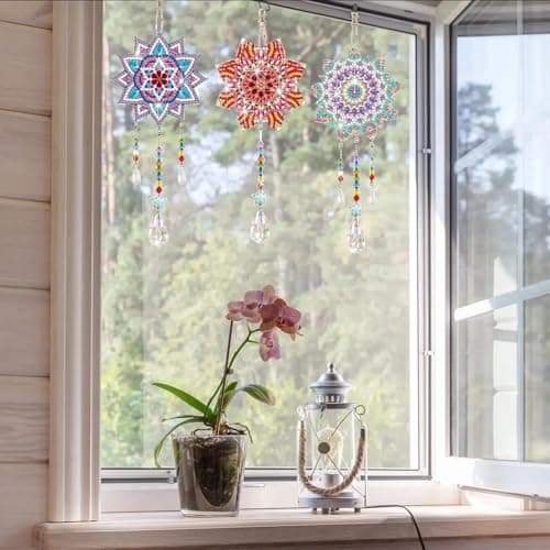 Yoaeyok 3 Pièces Kits de Broderie Diamant Attrape Rêves de Peinture au Diamant 5D DIY Diamond Painting Carillon à Vent Attrape Soleil Strass Pendentif pour Décoration de Maison de Jardin