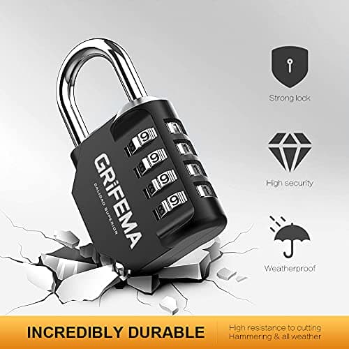 GRIFEMA GA1001-1, Cadenas Code 4 Chiffres - Cadenas de Sécurité Résistant Aux Intempéries, Cadenas à Combinaison pour Casier, Valise, Garage, Portail, École, Alliage de Zinc, Noir
