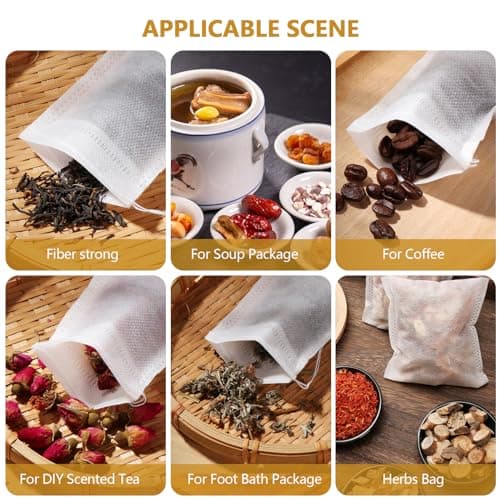 Vinabo 400 Filtre à Thé Papier Jetable, Sachet The a Remplir Jetable avec Cordon de Serrage, 7 X 9 cm Sachet de Thé Réutilisable, pour Thé En Vrac, Café, Thé de Fleurs, Herbes, Epices, Lavande