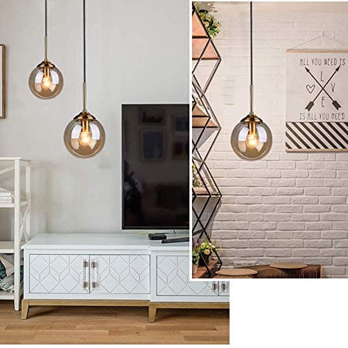 LFsem Industriel Rétro Suspensions Boule De Verre Lampe Suspension Raccords En Laiton Suspension E27 Loft Suspension pour Salon Salle À Manger Chambre (Célibataire, Ambre)