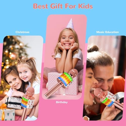 Ankuka Microphone sans Fil Karaoké avec Lumières LED de Danse, Microphone Bluetooth pour Enfants Fille Garcon pour Fête Chanter Idée Cadeau de Noël Anniversaire Or Rose