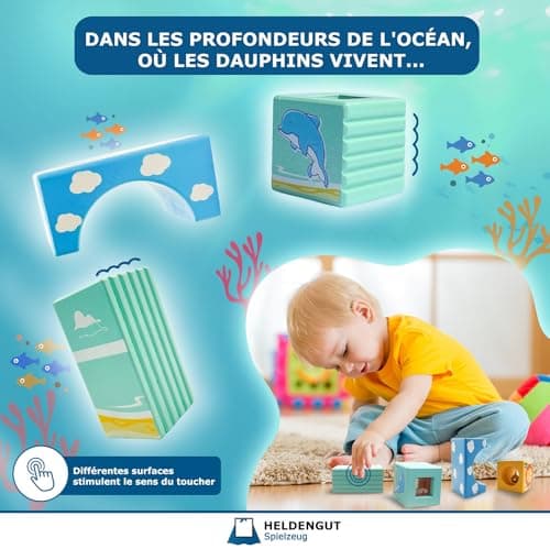 HELDENGUT® Blocs Sonores 'Tour-du-Monde' dès 1 an pour Bébés - Cubes de Construction en Bois de Qualité - Jouet Éducatif Montessori pour Filles & Garçons dès 1 an