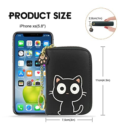 conisy Mignon Porte Cartes de Crédit en Cuir pour Femmes, Protection RFID Petit Portefeuille Fermeture Eclair avec Porte-clés (Chat Noir)