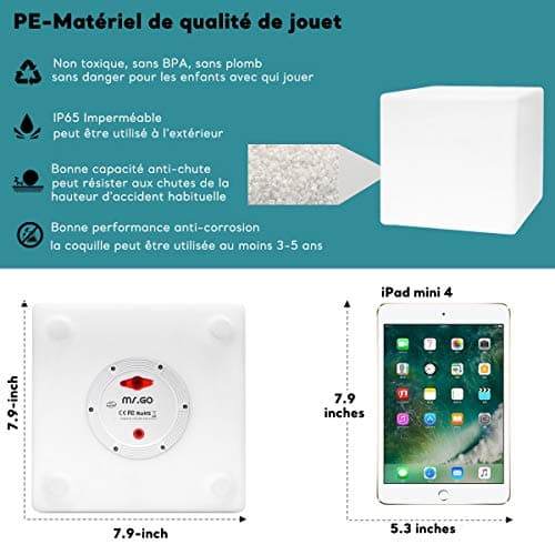 Mr.Go 8" LED Cube Lumineux Couleur Changeante Lampe d'ambiance avec 16 RGB Couleurs, Luminosité Variable, 4 Modes d'éclairage pour Intérieure Extérieure Décor, Rechargeable Veilleuse avec Télécommande