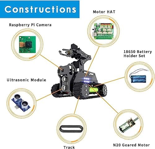 Adeept RaspTank Kit de Voiture Robot Intelligent sans Fil WiFi pour Raspberry Pi 4/3 modèle B+/B, Robot Suivi de réservoir avec Bras robotique 4-DOF, Suivi de Cible OpenCV, Transmission vidéo