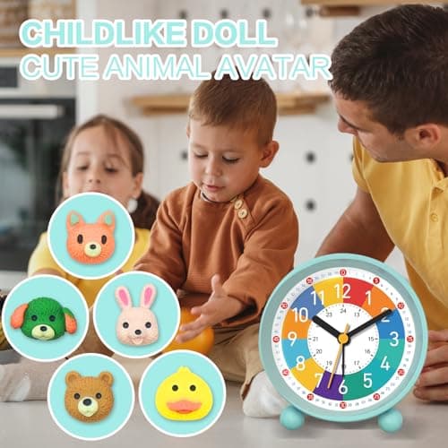 PIXESTT Reveil Enfant, Reveil Enfant Educatif Jour/Nuit IdéAl pour êTre à L’Heure à L'ÉCole, sans Bruit De Tic-Tac avec Fonction Snooze Et Veilleuse, Livré avec 5 Adorables DéCorations De RéVeil Vert
