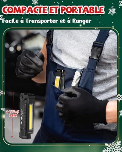 Cadeau Homme, Coquimbo Lampe de Poche Lampe de Travail Rechargeable Lampe Atelier COB Torche avec Base Magnétique 5 Modes Camping Lampe pour Garage, Camping, d'urgence, etc (Noir, 2 Pièces)