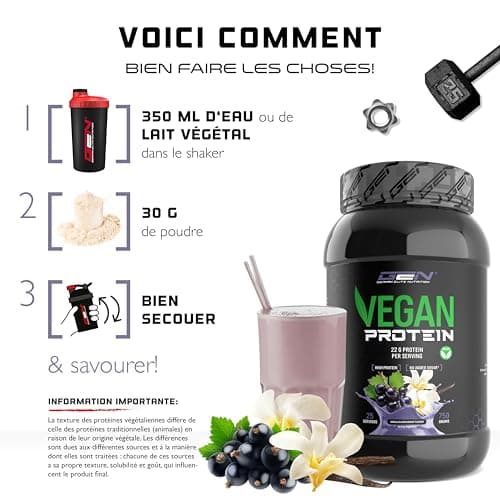 Poudre de protéine végétalienne - Protéine végétale de pois, riz, amande et chanvre - Sans soja - Délicieuse & crémeuse - (750 g, Vanille Cassis)