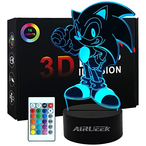AIRUEEK Sonic Jouet Lampe 3D Veilleuse-16 Variations De Couleurs/1 Remote/1 télécommande / 1 socle noir/décoration de chambre anime créatif Sonic Hedgehog garçon cadeau d'enfant