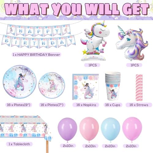LAISLLA Assiettes Anniversaire Licorne, Anniversaire Licorne Decoration Fille, Deco Licorne Ballon, Licorne Vaisselle Anniversaire pour Enfants Party Fête Mariages Baby Shower Noël, 16 Invités