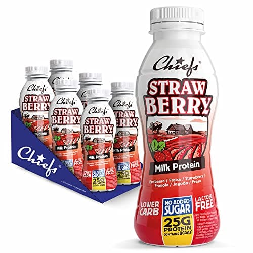 Chiefs® Milk Protein Drink avec 25g de protéines et BCAA • Shake de haute protéine à faible teneur en carbes, sans lactose et faible en sucre • 6 x 330ml (Strawberry)