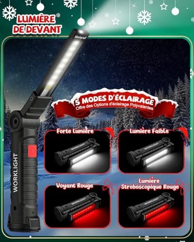 Cadeau Homme, Coquimbo Lampe de Poche Lampe de Travail Rechargeable Lampe Atelier COB Torche avec Base Magnétique 5 Modes Camping Lampe pour Garage, Camping, d'urgence, etc (Noir, 2 Pièces)