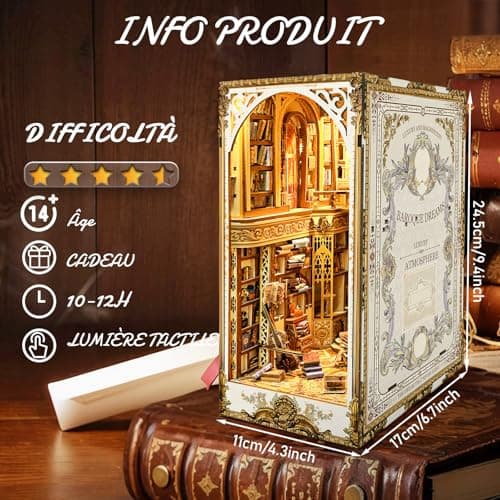 BuzzoXerex DIY Book Nook, Miniatures Nook avec Housse de Protection, Miniatur Haus Selber Bauen avec Lampes LED, Maquette en Bois a Construire avec Meublé (Bibliothèque du Palais)