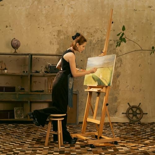 MEEDEN Grand Chevalet en Bois de Hêtre, H-Frame Chevalet de Peinture pour Adultes, Réglable 190 cm à 370cm, Peut Contenir des Toiles jusqu'à 236 cm,Chevalet à Roulettes avec Plateau de Rangement