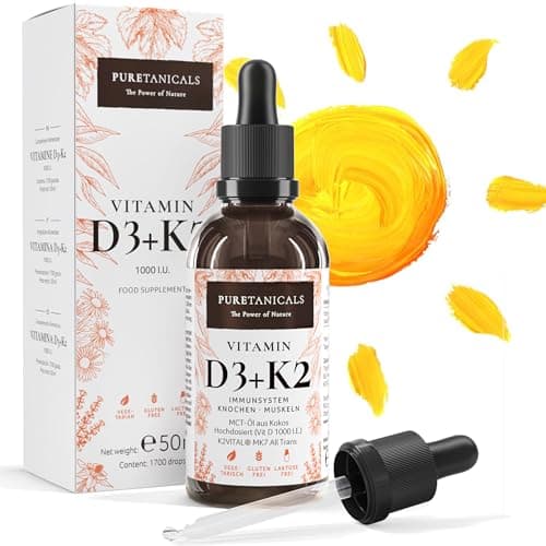 Vitamine D3+K2 Gouttes (50ml) - 1000 IE par Goutte testée en laboratoire - Longue Conservation avec 1700 gouttes - dans de l'huile MCT de Noix de Coco Naturelle, Cholécalciférol Liquide