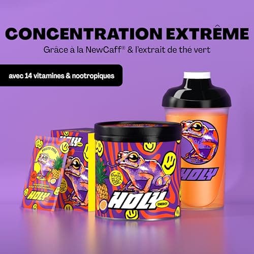 HOLY Energy Gaming Booster 'Fruity Frog' à la mangue, au fruit de la passion & à l'ananas en poudre| 50 portions avec NewCaff & extrait de thé vert | Vegan avec arômes de fruits 100% naturels