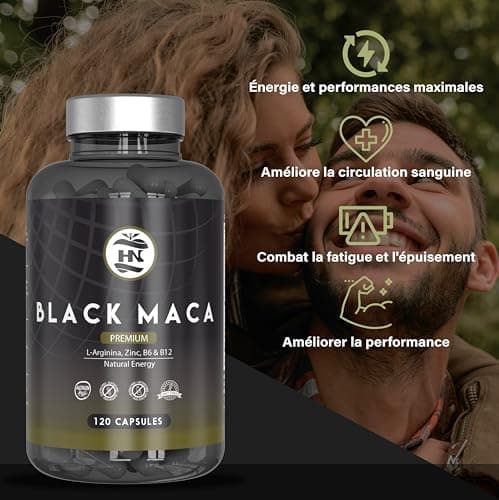Maca Noire Extra Forte 24000mg - 120 Gelules - Extrait de Maca Noir 20:1 Améliore la Performance homme et femme Macca L-Arginine, Zinc, Vitamine B6 et B12 pour combat la fatigue et le stress Oxydant