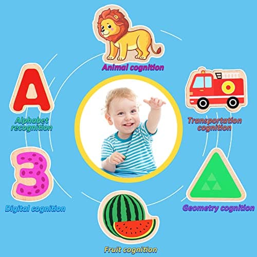 lenbest 6 pcs Puzzles en Bois pour Enfants, Montessori Jouet Bebe, Alphabet Nombre Forme Véhicules Fruit Animal Jeuets Educatifs Apprentissage pour Bébés 2 3 4 Ans Garçons Filles Cadeau Anniversaire