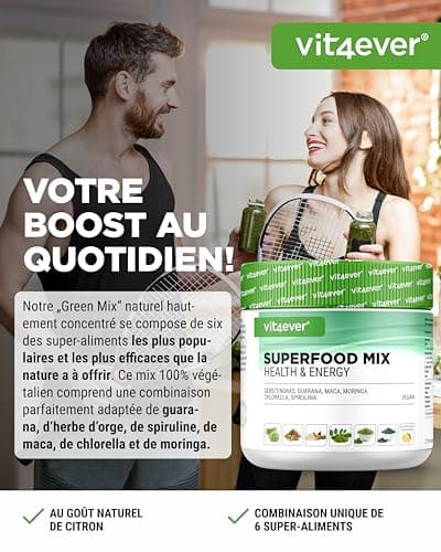 Combinaison de super aliments - 420 g de poudre (shake) avec herbe d'orge, guarana, maca, chlorella, spiruline, moringa - Power smoothie 100% naturel - Avec arôme citron - Vegan