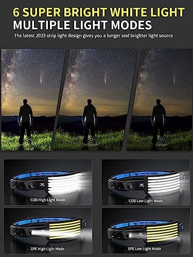 Smiling Shark Lampe Frontale LED, 2 Pièces Angle Large 6*LED Bandes Lumineuses Blanche Headlamps Rechargeable Capteur de Motion Étanche pour Camping
