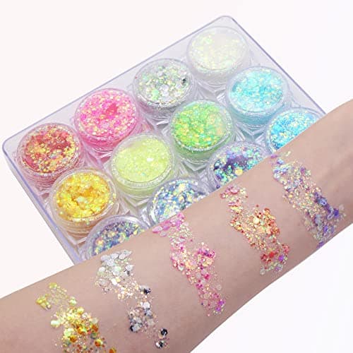 KUIRUNRX® Lumineuse Paillettes Gel,12 Couleurs Maquillage Paillettes Glitter,Holographique Paillettes Set,Paillettes de Corps,Fluorescent Paillette pour Visage,Corps, Cheveux,Mascarade,Halloween,Fête