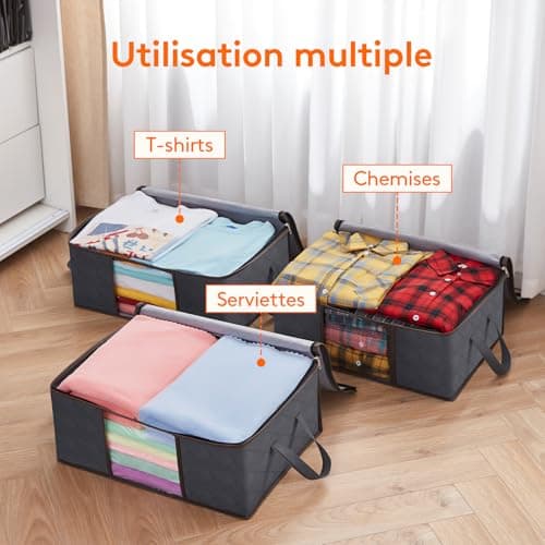 Lifewit Lot de 3 Sac de Rangement Vetement 35L, Boîte de Rangement sous lit Pliable, Housse Rangement Couette Organisateur de Placard, Fenêtre Transparente en Tissu Solide pour Les Vêtements, Gris