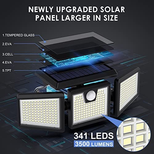 Lampes Solaires Extérieur à Détecteur de Mouvement, 3500LM 341LED Lumières Solaires avec 3 Têtes Réglables, 270° éclairage Grand Angle IP65 Projecteur Solaire éclairage Mural d'extérieur - 2 Pack