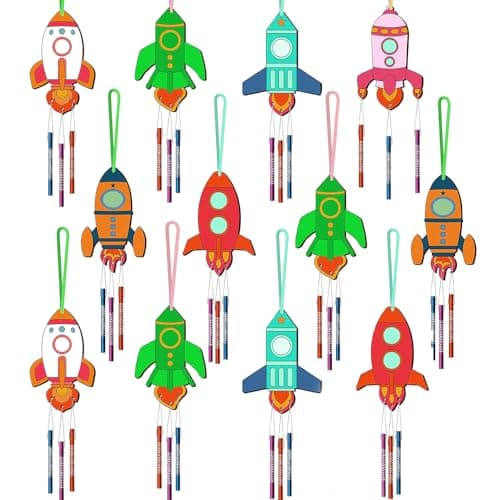 KUWUNG 12pcs Fusée Enfant Carillon a Vent Exterieur,Kits Bricolage Fusée en Bois Enfant Anniversaire, Bbricolage Enfant Artisanat Décoratifs, Manuelle Kit Creatif pour Filles Garçon Halloween