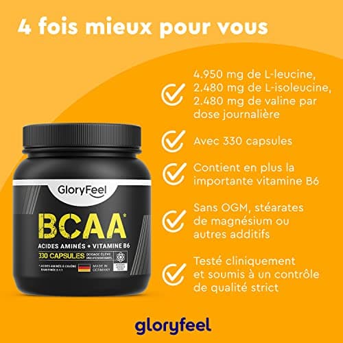 BCAA (330 Capsules), Acides Aminés Essentiels Fortement Dosée, Contient Leucine, Valine et Isoleucine avec Vitamine B6, Hautement Biodisponible, Contre la Fatigue*, Sans Arômes et Additifs