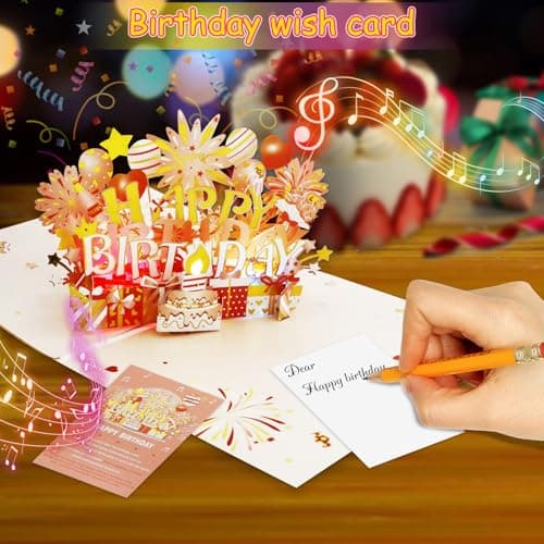 Shinybox Carte 3D Joyeux Anniversaire avec Lumières et Musique Blowable LED, Cartes D'anniversaire Pop-up 3D avec Enveloppe et Étiquette de Note pour Enfants, Femmes, Hommes, Épouse, Maman