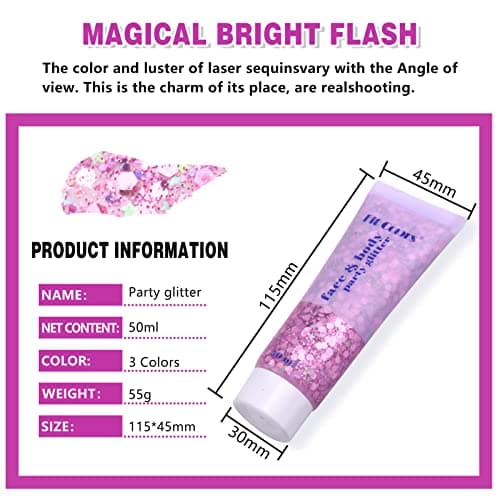Miioto Gel Paillettes Visage,Paillette Cheveux Visage,Maquillage Paillette Paillettes Corps,Sequins Glitter pour Cosmétique Visage Lèvres Ongles Festival Fête Maquillage Décoration 3 Couleurs (A)