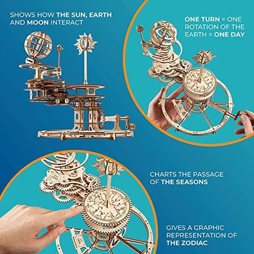 UGEARS Puzzle 3D mécanique Tellurion - Cadeau de fête des pères Terre et Lune Puzzles en Bois 3D pour Adultes - Kits de modèles pour Adultes à Construire - Kit de modèle de système Solaire éducatif