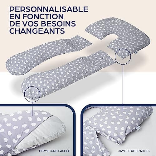 Niimo Coussin de Positionnement - Coussin de Grossesse en U - Coussin de Grossesse pour Dormir - Multifonction et Adapté Allaitement - Housse 100% Coton (Gris avec cœurs Blancs)