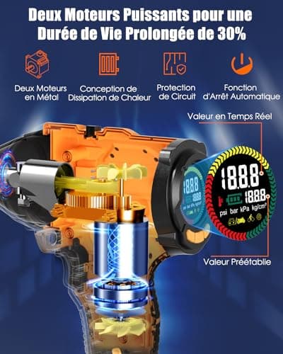 AUTDER Compresseur à Air Portatif, Gonfleur Pneus Voiture, Max 180 PSI/12.4 Bar, Compresseur Voiture sans Fil avec Batterie 21V et 12V DC, pour Voitures, Vélos, Motos, Ballons, Jaune